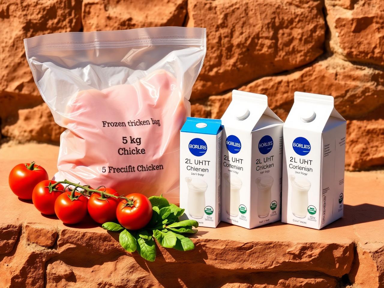 Bulk frozen poultry on sun-baked sandstone